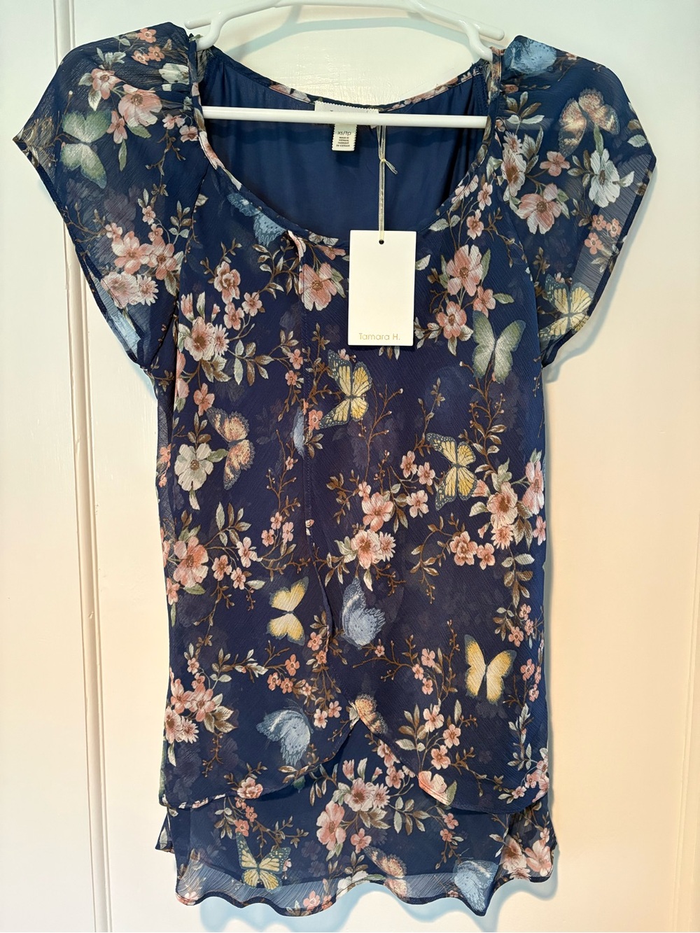 Navy Floral Butterfly Sheer Blouse